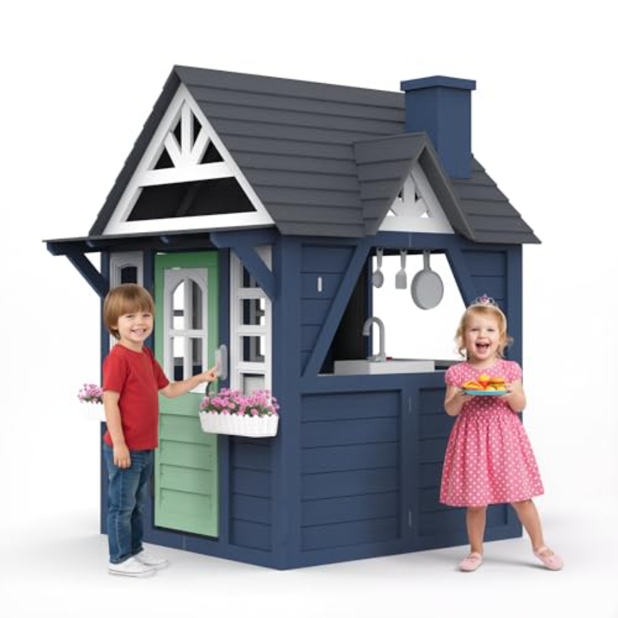 Kids Outdoor Sink - Outdoor kids playhouse: wooden, blue, large